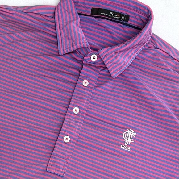 RLX Ralph Lauren Golf Polo Mens Large Striped Pink Blue Performance Shirt Logo - Picture 1 of 9